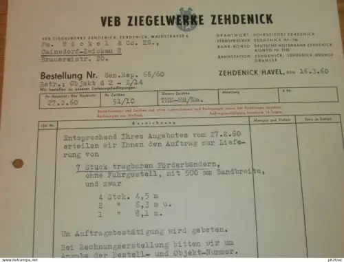 VEB Ziegelwerke Zehdenick a. Havel , 1960 , altes Dokument , Reklame / Werbung !