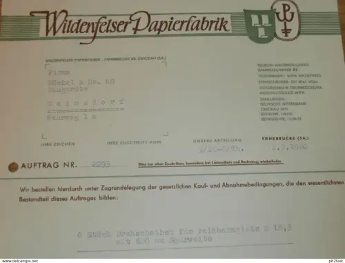 Papierfabrik Wildenfels in Fährbrücke b. Zwickau , 1960 , Hr. Dacherl , Hr. Opp , altes Dokument , Reklame / Werbung