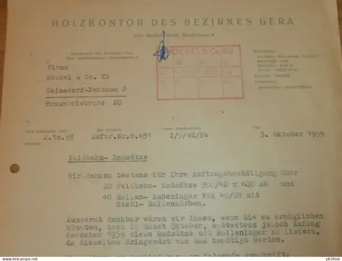 Holzkontor des Bezirkes Gera in Saalfeld , 1959 , Hr. Sundmacher , Hr. Weidermann , altes Dokument , Reklame / Werbung