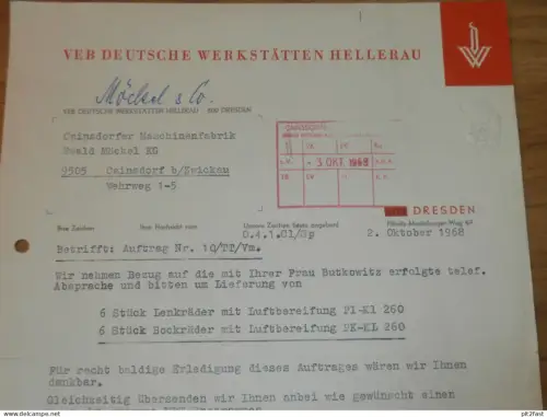VEB Möbelkombinat - Deutsche Werkstätten Hellerau , 1968 , Dresden ,Hr. Thieme , altes Dokument , Reklame / Werbung