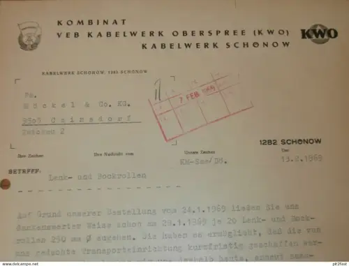 VEB Kabelwerk Schönow , 1969 , Hr. Schreiber , Herr Fischer , altes Dokument , Reklame / Werbung