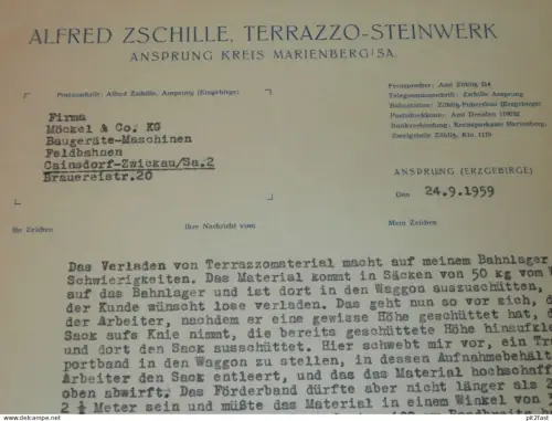 Terrazzo-Steinwerk , Alfred Zschille in Ansprung b. Marienberg i. Sa. , 1959 , alte Rechnung , Reklame / Werbung !!