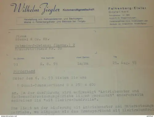 Wilhelm Ziegler KG in Falkenberg / Elster , 1959 , alte Rechnung , Reklame / Werbung !!