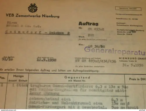 VEB Zementwerk Nienburg a. Saale , 1958 , Hr. Minkas , Hr. Möhring , alte Rechnung , Reklame / Werbung !!