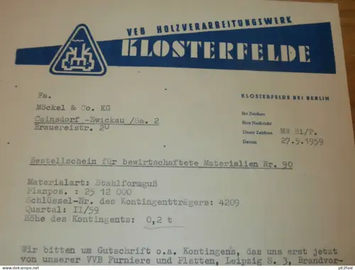 VEB Holzverarbeitungswerk Klosterfelde b. Wandlitz , 1959 , Berlin , Hr. Suchardt , alte Rechnung , Reklame / Werbung !!