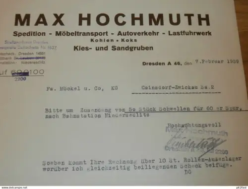 Spedition - Max Hochmuth in Dresden , 1959 , alte Rechnung , Reklame / Werbung !!