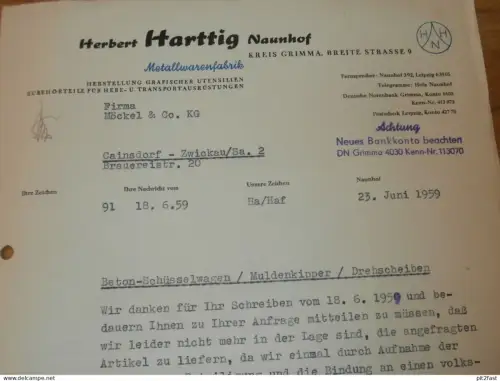 Metallwarenfabrik - Herbert Harttig in Naunhof b. Grimma , 1959 , alte Rechnung , Reklame / Werbung !!