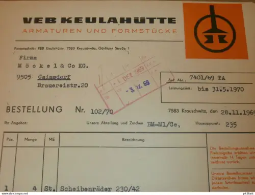 VEB Keulahütte in Krauschwitz , Hr. Schulz , Hr. Mlinzk , 1969 , alte Rechnung , Reklame / Werbung !!