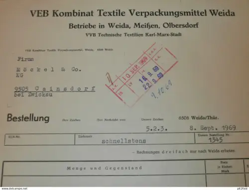 VEB Kombinat Textile Verpackung in Weida , Meißen , Olbersdorf , 1969 , Herr Müller , altes Dokument , Reklame / Werbung