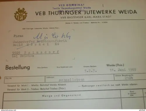 VEB Thüringer Jutewerke in Weida , 1969 , Herr Müller , altes Dokument , Reklame / Werbung