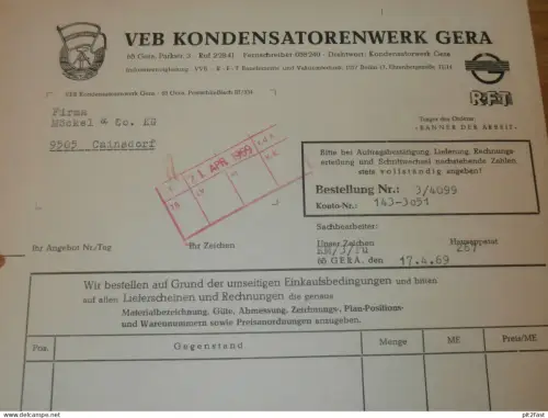 VEB Kondensatorwerk Gera , 1969 , RFT , , Herr Puschendorf , Hr. Köhler , altes Dokument , Reklame / Werbung