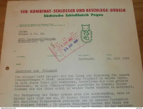 Schloßfabrik Pegau , VEB Kombinat Döbeln , 1969 , Herr Surmann , Herr Krobitzsch , altes Dokument , Reklame / Werbung