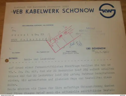 VEB Kabelwerk Schönow , 1969 , Hr. Saeling , Herr Kube , altes Dokument , Reklame / Werbung