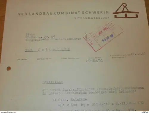 VEB Landbaukombinat Schwerin - Sitz Ludwigslust , 1969 , Malliß , Hr. Gartzke , altes Dokument , Reklame / Werbung