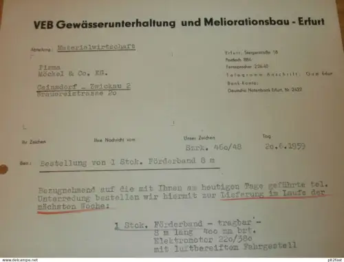 VEB Gewässerunterhaltung und Melioration in Erfurt , 1959 , Herr Schmitt , Hr. Baumann alte Rechnung , Reklame / Werbung
