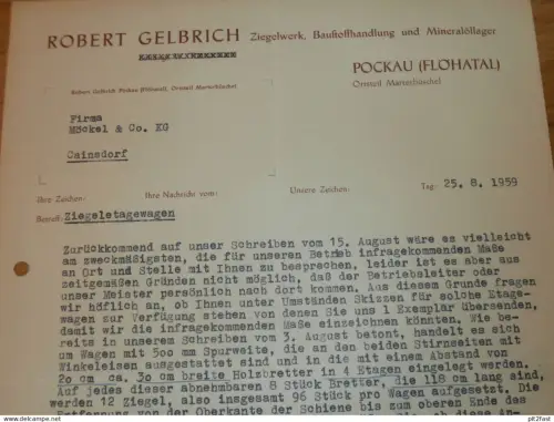 Ziegelwerk - Robert Gelbrich in Pockau / Flöhatal , 1959 , alte Rechnung , Reklame / Werbung !!