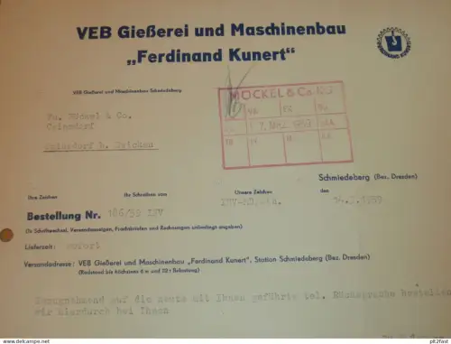 VEB Gießerei und Maschinenbau " Ferdinand Kunert " in Schmiedeberg b. Dresden , 1959 , alte Rechnung , Reklame / Werbung