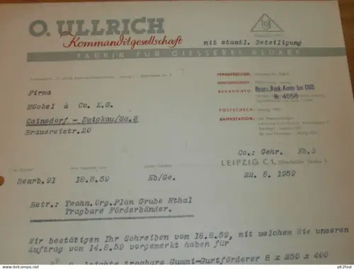 Giessereibedarf - O. Ullrich KG in Leipzig , 1959 , alte Rechnung , Reklame / Werbung !!