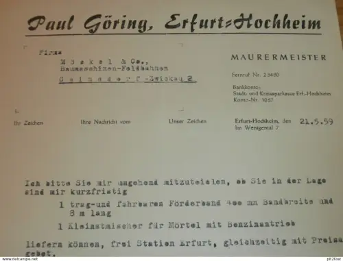 Baugeschäft - Paul Göring in Erfurt - Hochheim , 1959 , alte Rechnung , Reklame / Werbung !!