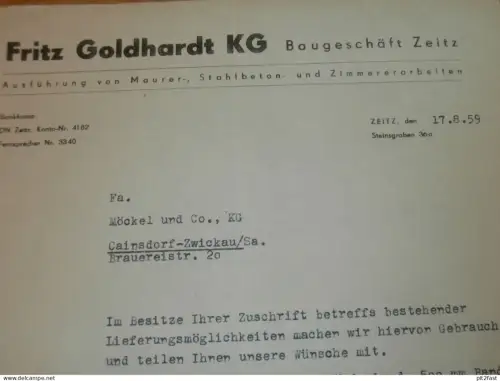 Fritz Goldhardt KG - Baugeschäft in Zeitz , 1959 , alte Rechnung , Reklame / Werbung !!
