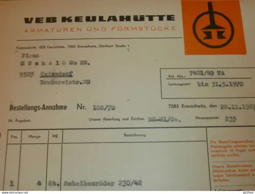 VEB Keulahütte in Krauschwitz , Hr. Schulz , Hr. Mlinzk , 1969 , alte Rechnung , Reklame / Werbung !!