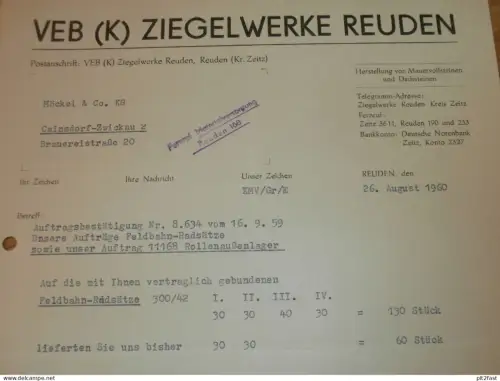 VEB Ziegelwerke Reuden b. Zeitz , 1960 , Herr Michalak , Herr Wagner , altes Dokument , Reklame / Werbung