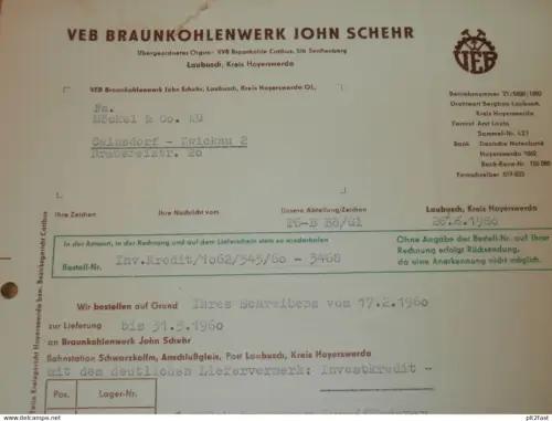 VEB Braunkohlenwerk John Schehr in Laubusch b. Hoyerswerda , 1960 , Herr Herrn , altes Dokument , Reklame / Werbung