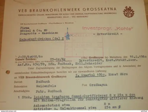 VEB Braunkohlenwerk Großkayna b. Merseburg , 1960 , Herr Wienholt , Herr Flieger , altes Dokument , Reklame / Werbung
