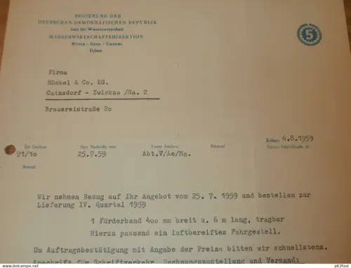 Regierung der DDR , Leiter der Abt. V - Herr Wosnitzka , Erfurt , Werra , 1959 , altes Dokument , Reklame / Werbung