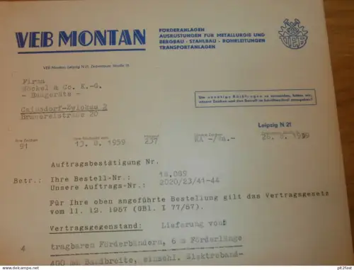 VEB Montan - Bergbau in Leipzig , 1959 , altes Dokument , Reklame / Werbung