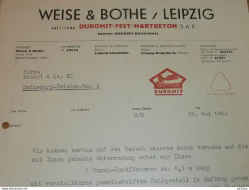 Duromit Hartbeton - Weise & Bothe in Leipzig , 1960 , altes Dokument , Reklame / Werbung