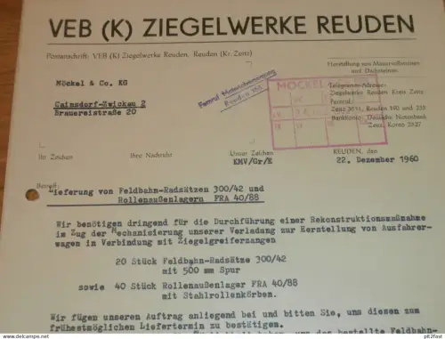 VEB Ziegelwerke Reuden b. Zeitz , 1960 , Herr Michalak , Herr Grubel , altes Dokument , Reklame / Werbung
