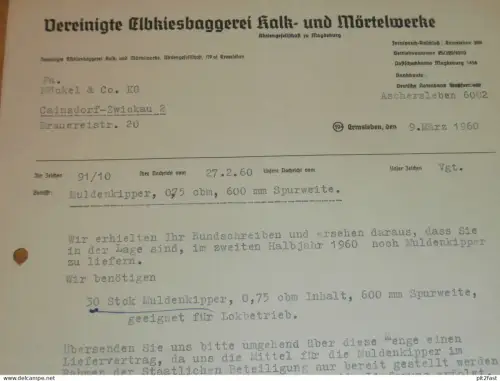 Elbkiesbaggerei Kalk- und Mörtelwerke in Ermsleben / Aschersleben , 1960 , Magdeburg altes Dokument , Reklame / Werbung