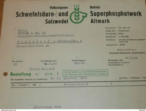 Superphosphatwerk Salzwedel / Altmark , 1960 , Herr Suttmer , altes Dokument , Reklame / Werbung !