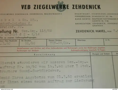 VEB Ziegelwerke Zehdenick a. Havel , 1960 , altes Dokument , Reklame / Werbung !