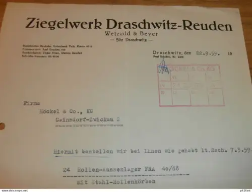 Wetzold & Beyer - Ziegelwerk Draschwitz - Reuden , 1959 , altes Dokument , Reklame / Werbung !