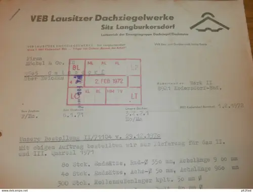 VEB Lausitzer Dachziegelwerke in Langburkersdorf , 1972 , Herr Zindler , Hoffmann , altes Dokument , Reklame / Werbung !