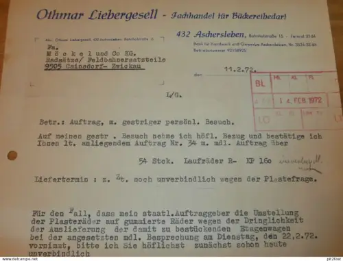 Othmar Liebergesell in Aschersleben , 1972 , altes Dokument , Reklame / Werbung !