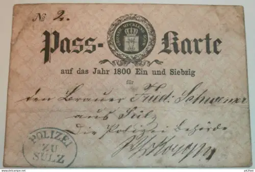 Sülz / Bad Sülze , 1871 , Polizei - Pass-Karte / Ausweis , Schwemer Mecklenburg