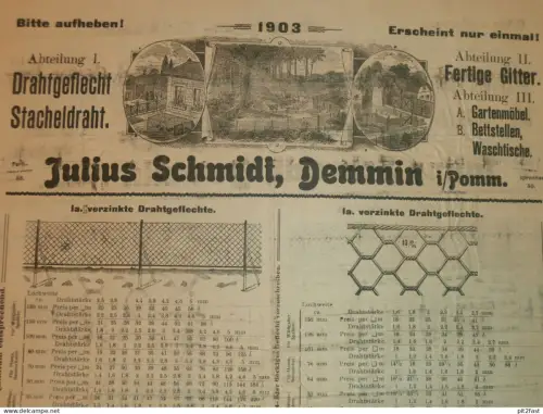 Julius Schmidt in Demmin i. Pom., 1903, Drahtfabrik , Prospekt , Katalog , Reklame , Werbung, Mecklenburg