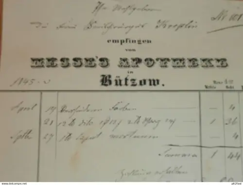 Bützow , 1845 , Apotheke Hesse , uralte Rechnung , Reklame , Werbung , Mecklenburg