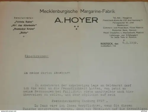 Margarine-Fabrik A. Hoyer in Rostock , 1926 , Reklame , Werbung , Mecklenburg !!