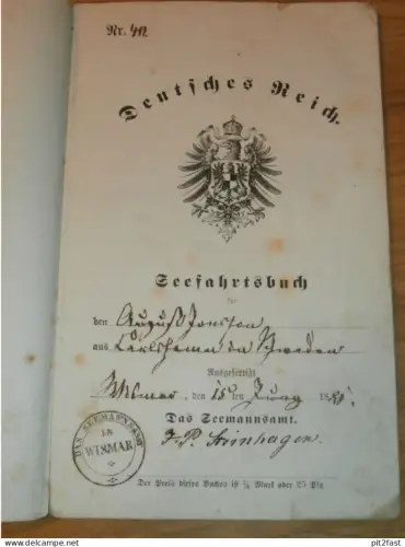 Seefahrtsbuch / Ausweis , Wismar , 1881 , Danzig , Seefahrer , Mecklenburg !!