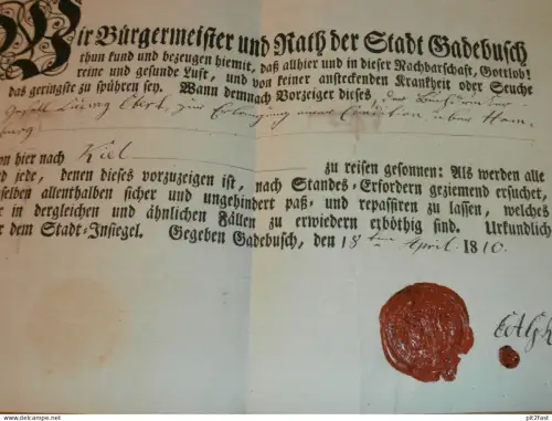 alte Urkunde , Gadebusch , 1810 , mit Siegel , frei von Seuche , Mecklenburg !!