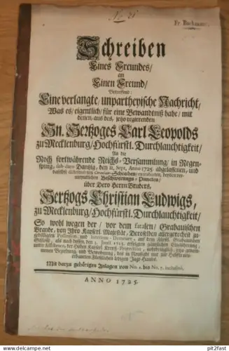 Herzog Christian Ludwig zu Mecklenburg , 1725 , Carl Leopold zu Regensburg , Brand auf Schloss Grabau , Neustadt , 52 S.