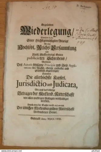 Betragen der Ritterschaft Mecklenburg , 1718 , Jurisdictio und Judicata , 68 Seiten !!
