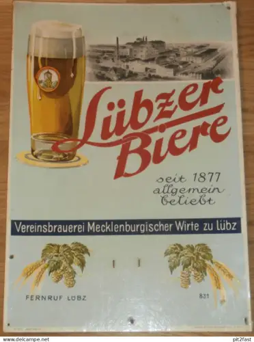 Lübzer Bier , alte Reklametafel , Brauerei Lübz , Bierbrauerei , Mecklenburg ,auf Pappe ,ca. 370x255 mm No Emailleschild