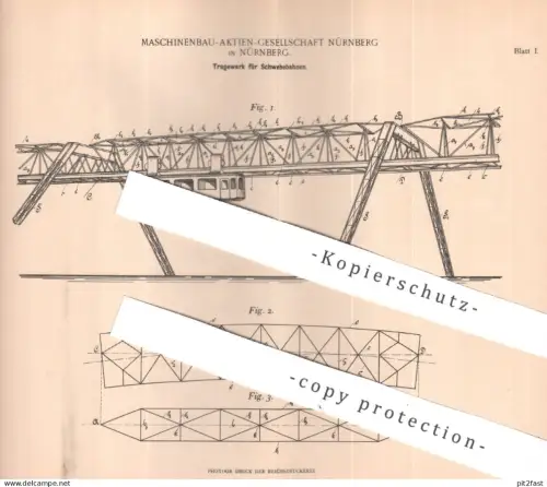 original Patent - Maschinenbau AG Nürnberg | 1896 | Tragewerk für Schwebebahnen | Schwebebahn | Bahn Eisenbahn Tragwerk