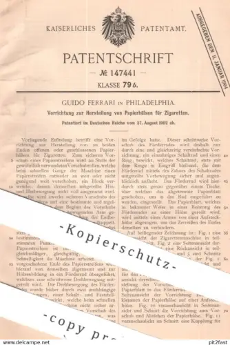 original Patent - Guido Ferrari , Philadelphia , USA | 1902 | Papierhülsen für Zigaretten | Zigarette | Papier - Hülse
