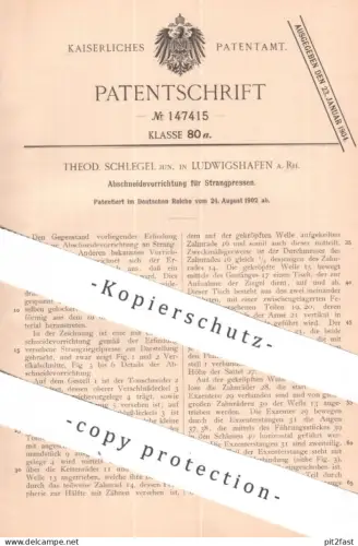 original Patent - Theod. Schlegel , Ludwigshafen a. Rh. | 1902 | Abschneidevorrichtung für Strangpressen | Ziegel Presse